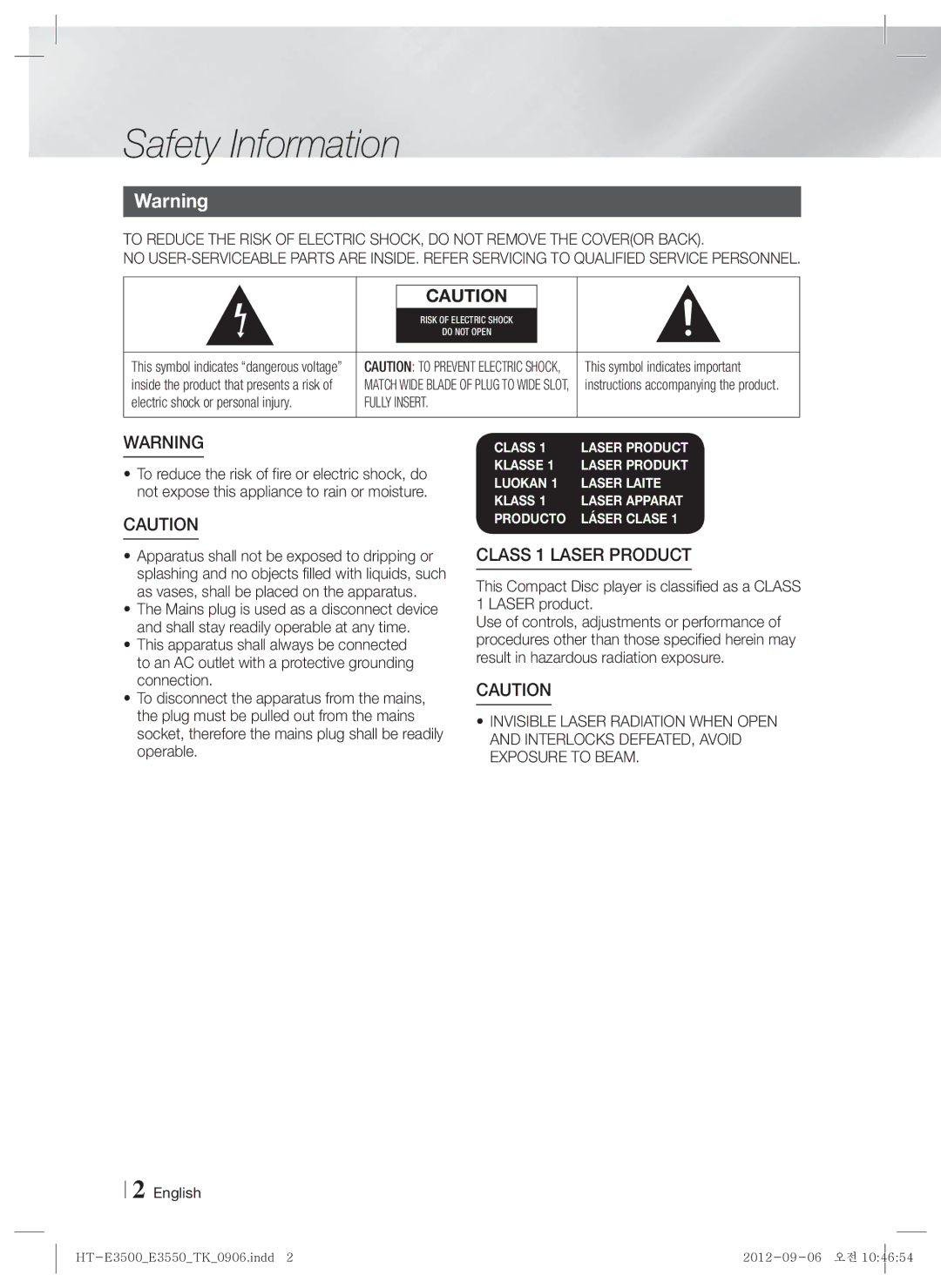 Samsung HT-E3500/TK manual Safety Information, This symbol indicates important 