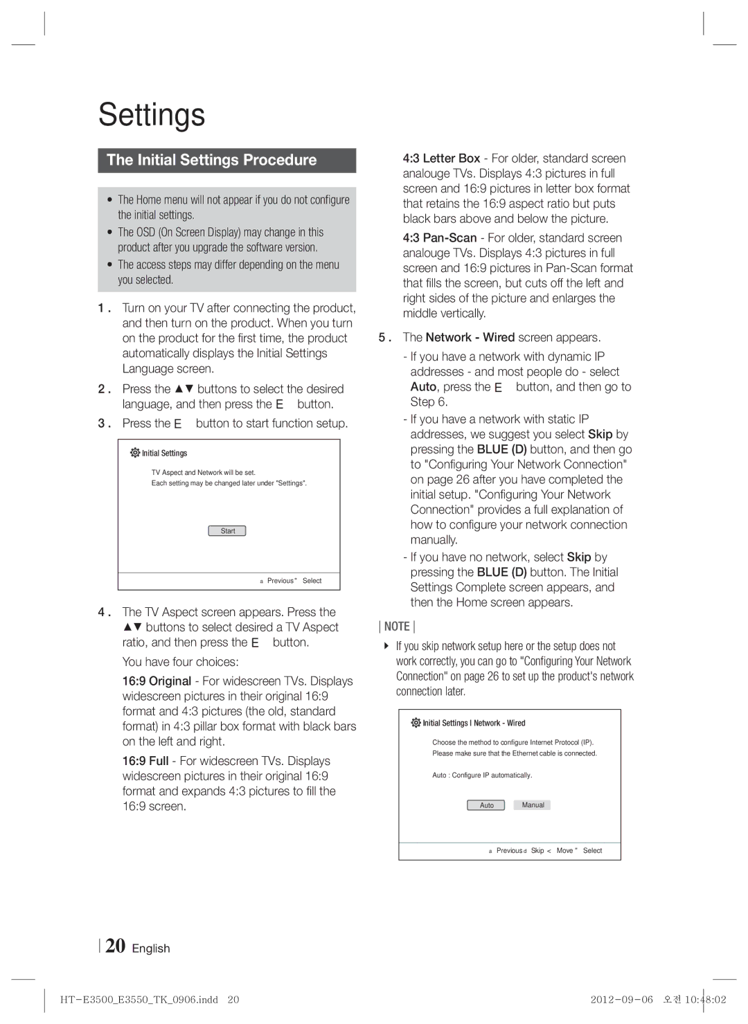 Samsung HT-E3500/TK manual Initial Settings Procedure, Access steps may differ depending on the menu you selected 