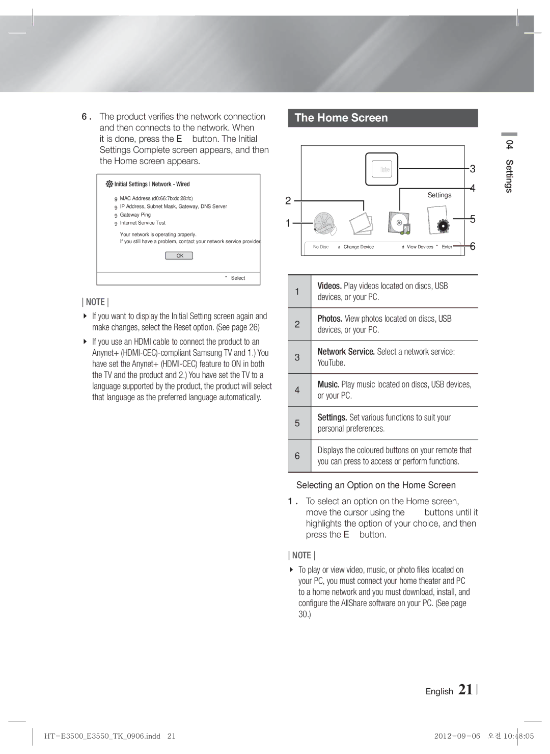 Samsung HT-E3500/TK manual Home Screen 