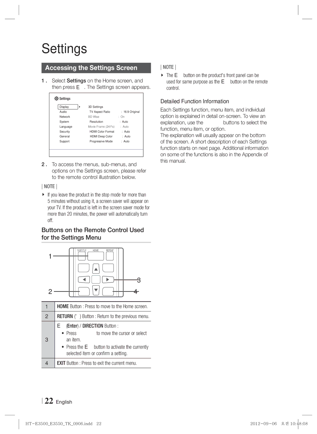 Samsung HT-E3500/TK manual Accessing the Settings Screen, Buttons on the Remote Control Used for the Settings Menu, An item 