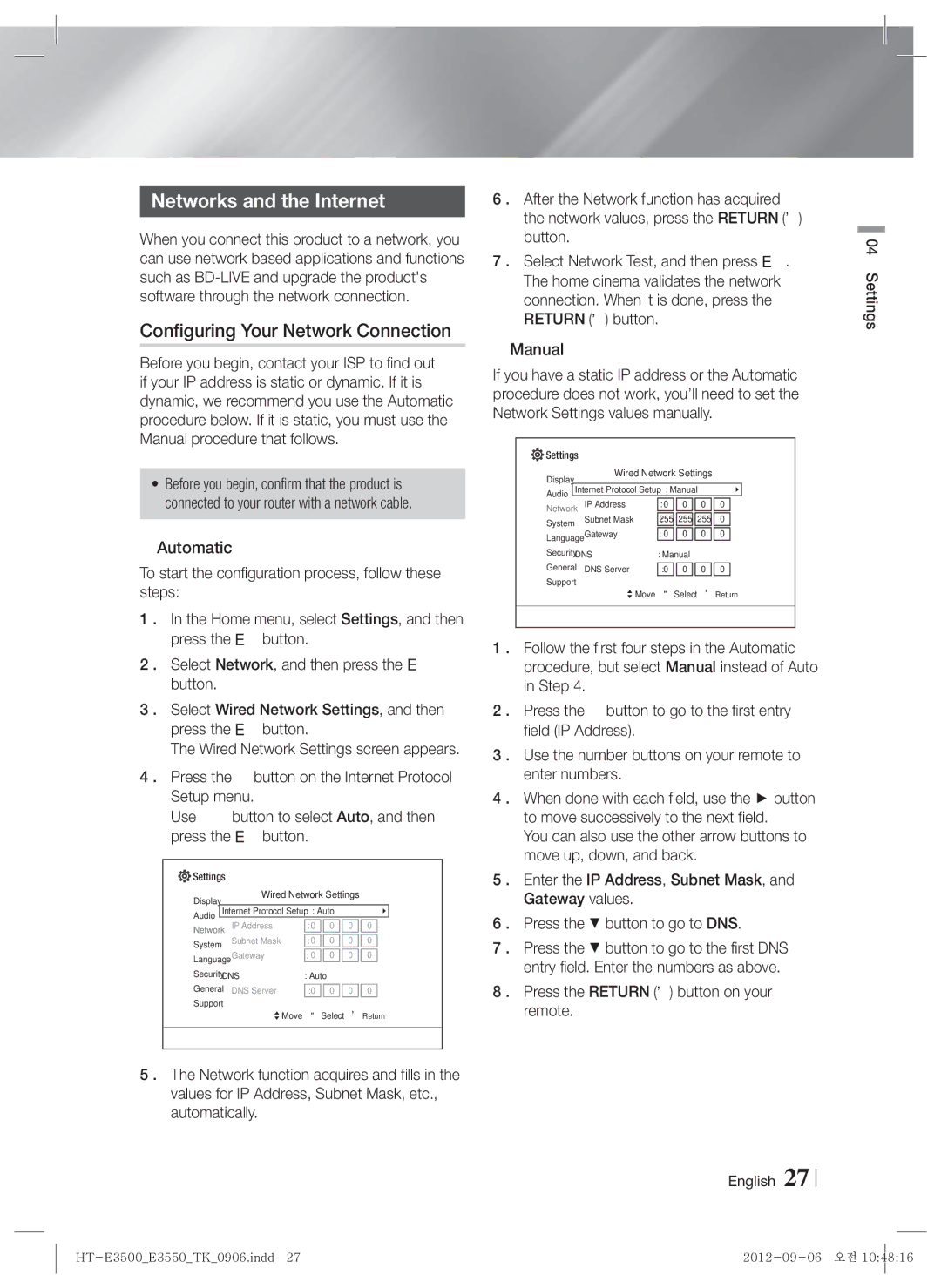 Samsung HT-E3500/TK Networks and the Internet, Configuring Your Network Connection, Press the Return button on your remote 