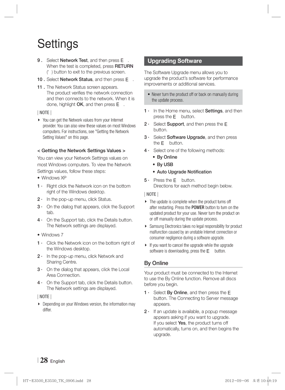 Samsung HT-E3500/TK manual Upgrading Software, By Online 