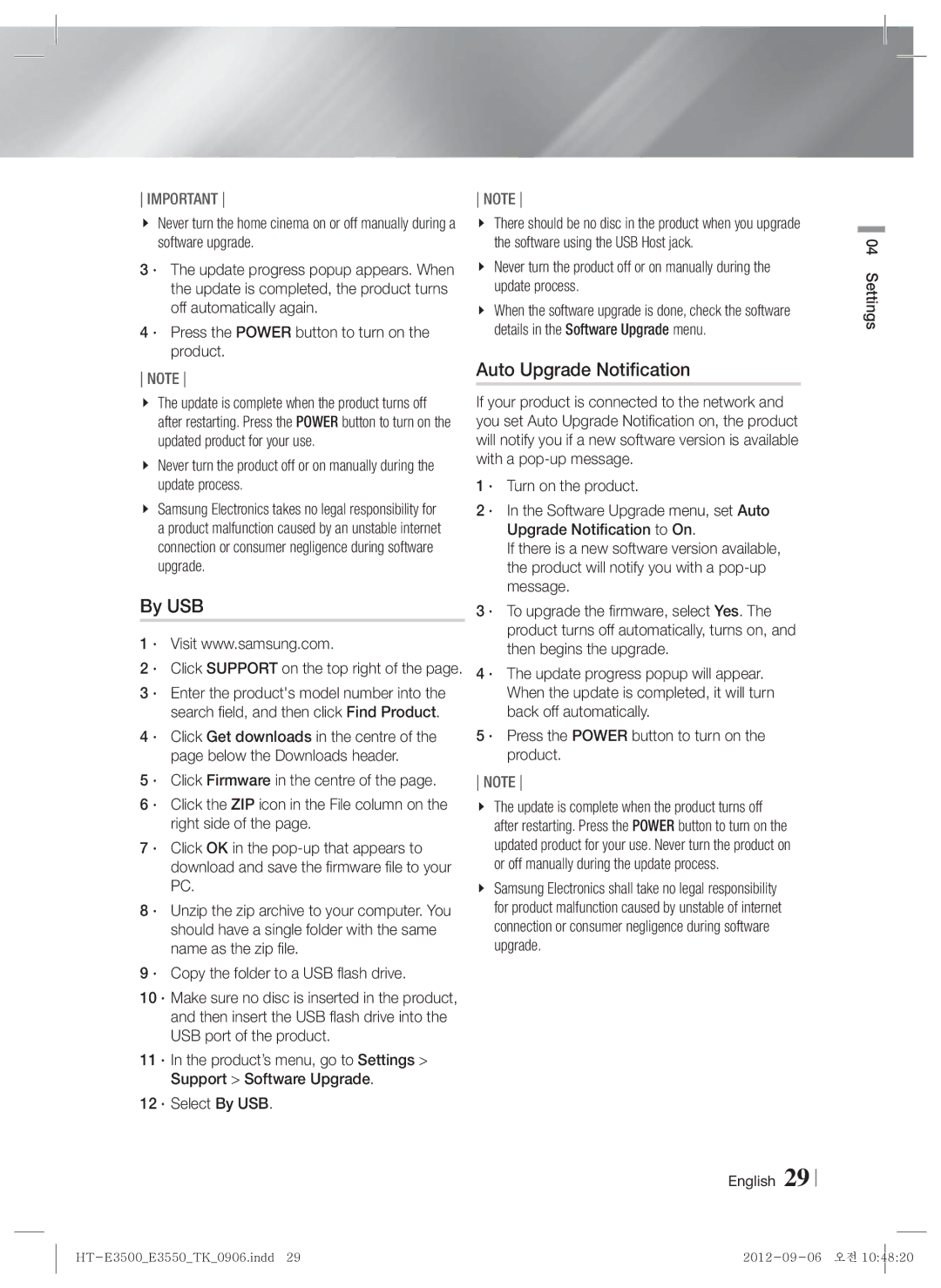 Samsung HT-E3500/TK manual Auto Upgrade Notification, By USB, · Click Support on the top right 