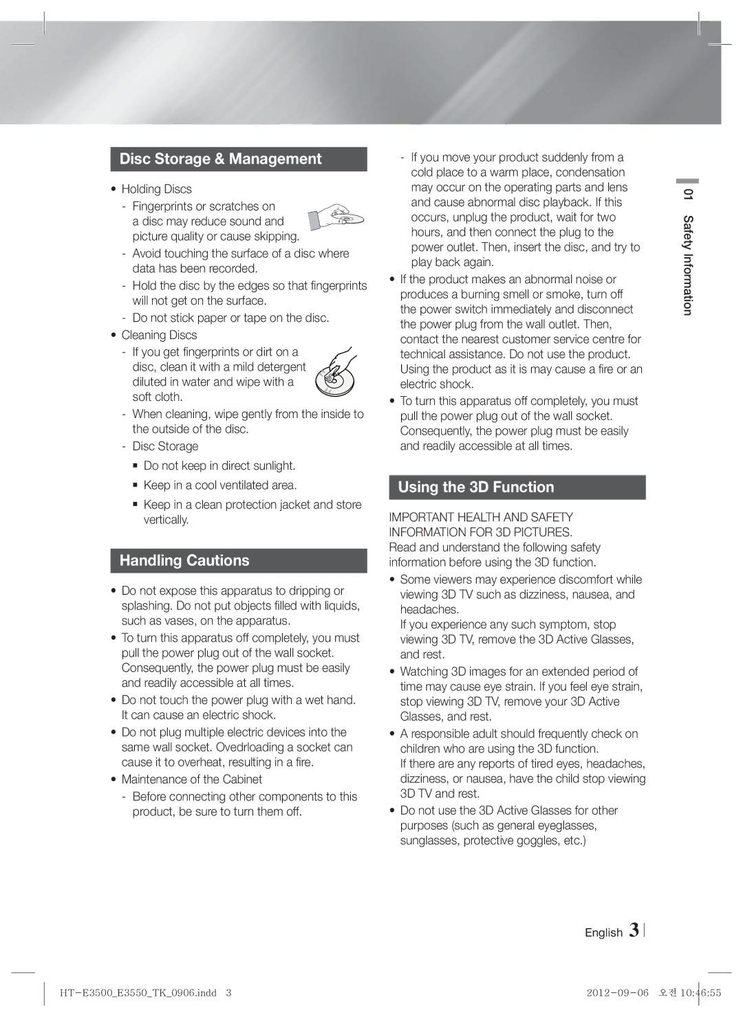 Samsung HT-E3500/TK manual Disc Storage & Management, Handling Cautions, Using the 3D Function, Holding Discs 