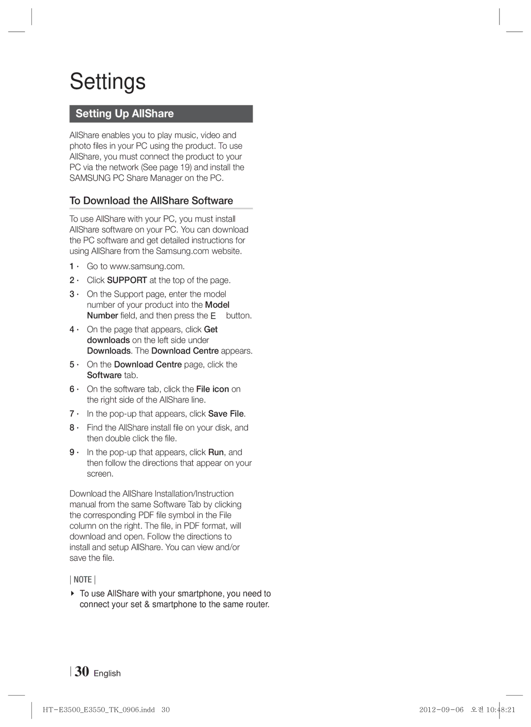 Samsung HT-E3500/TK manual Setting Up AllShare, To Download the AllShare Software, · Click Support at the top 