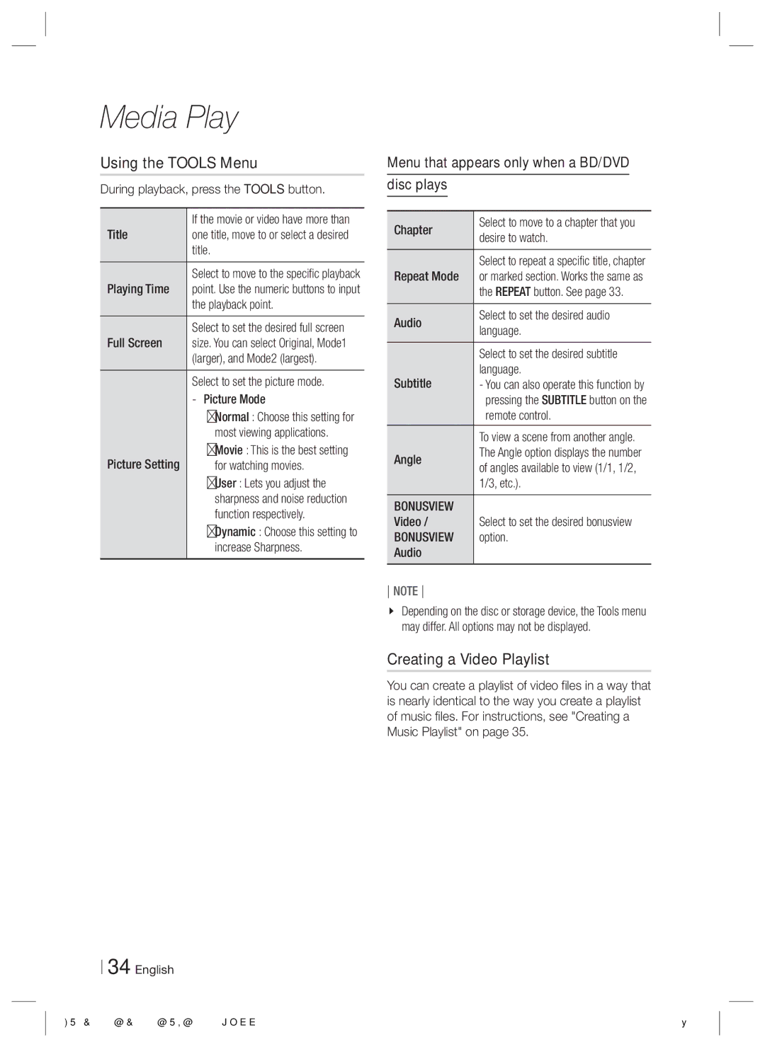 Samsung HT-E3500/TK manual Using the Tools Menu, Creating a Video Playlist, Menu that appears only when a BD/DVD Disc plays 