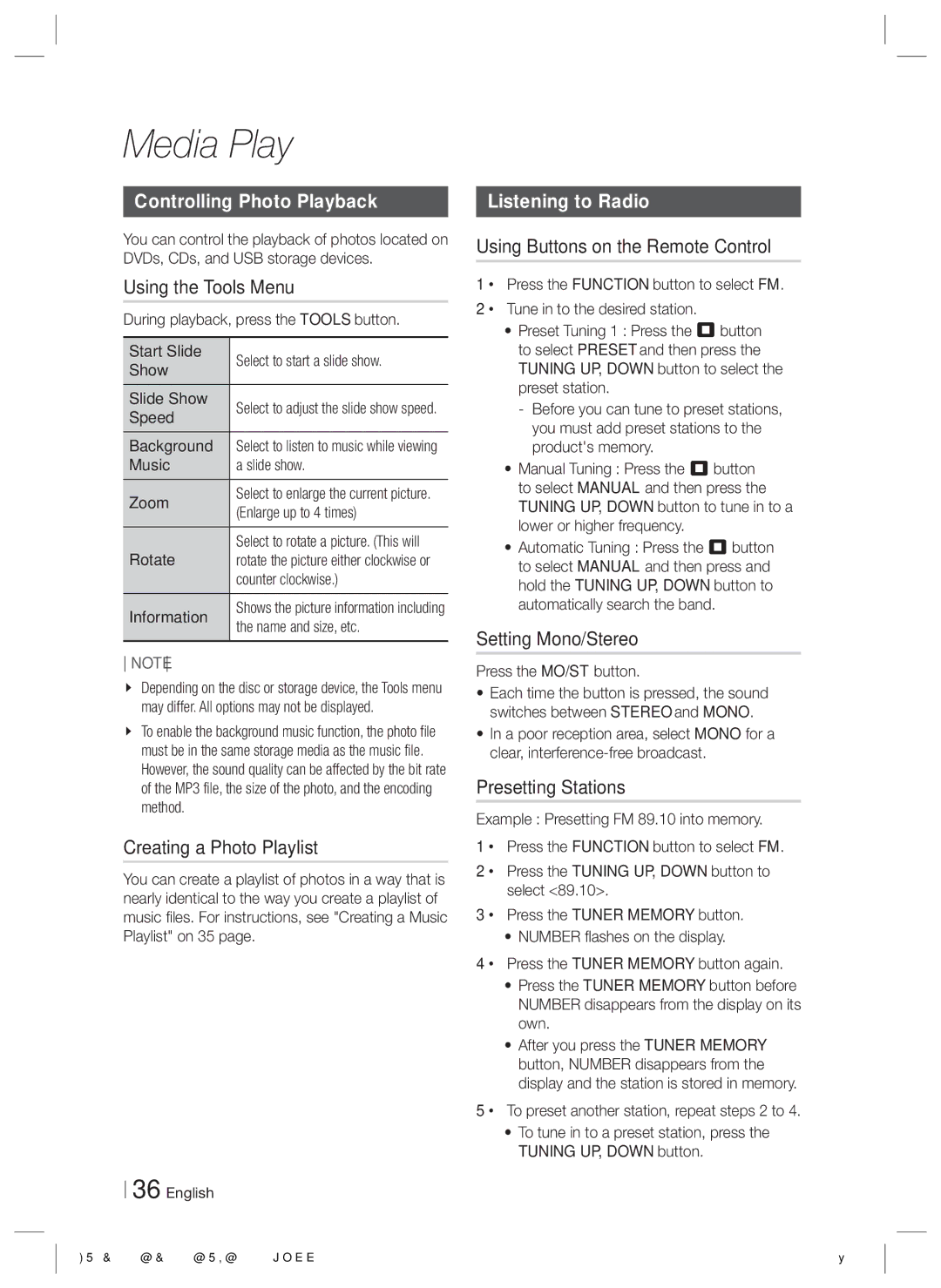 Samsung HT-E3500/TK manual Controlling Photo Playback, Listening to Radio 