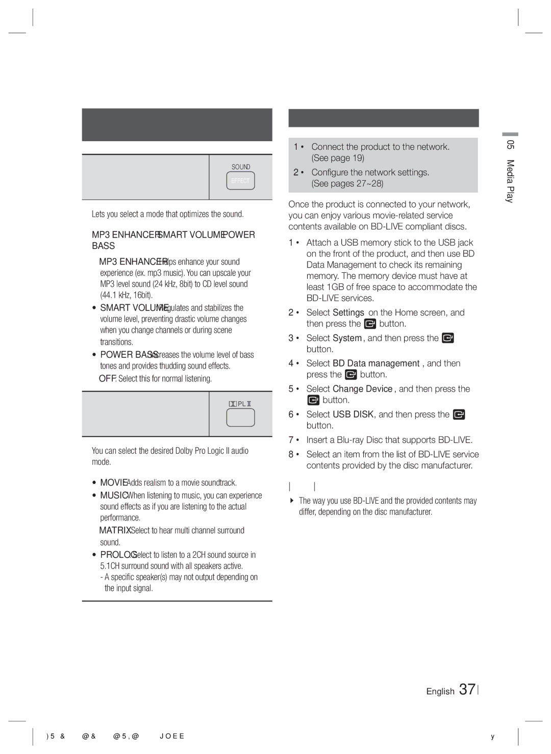 Samsung HT-E3500/TK manual Using the Special Effects Remote Control Buttons, Using BD-LIVE, Sound Effect Function 