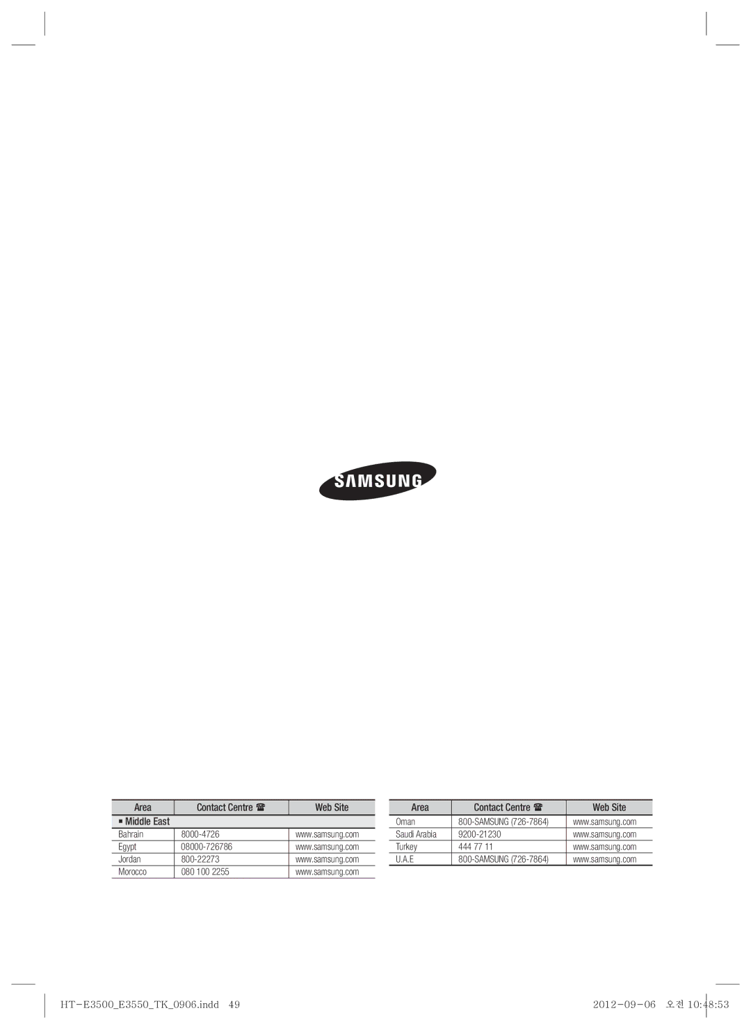 Samsung HT-E3500/TK manual Area Contact Centre  Web Site ` Middle East 