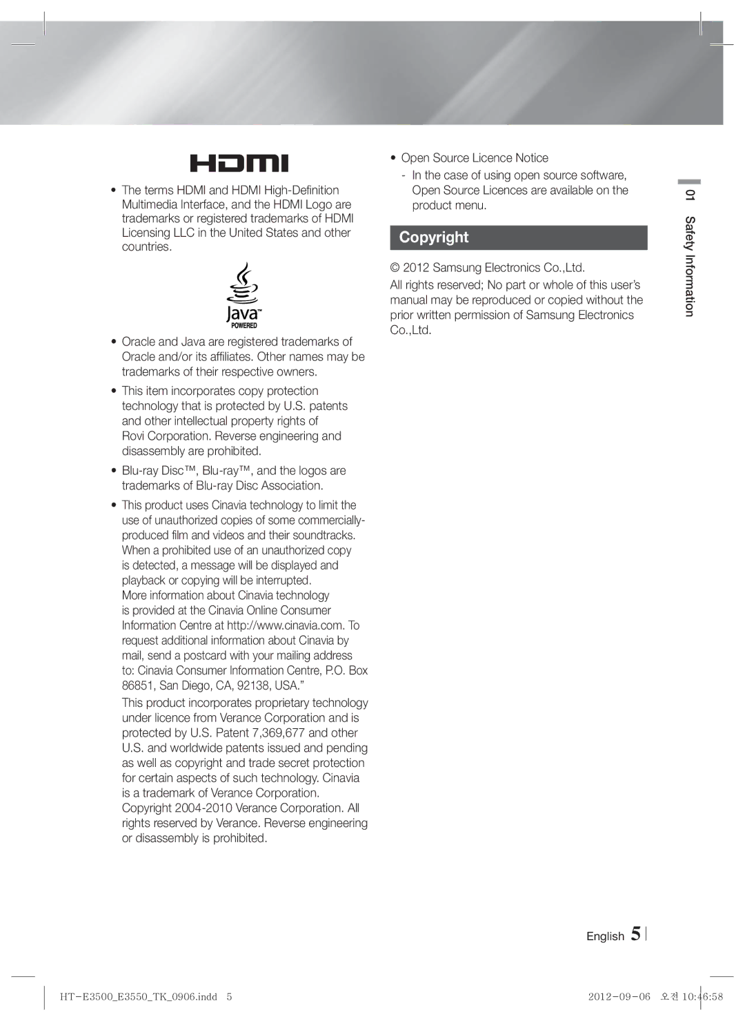 Samsung HT-E3500/TK manual Copyright 