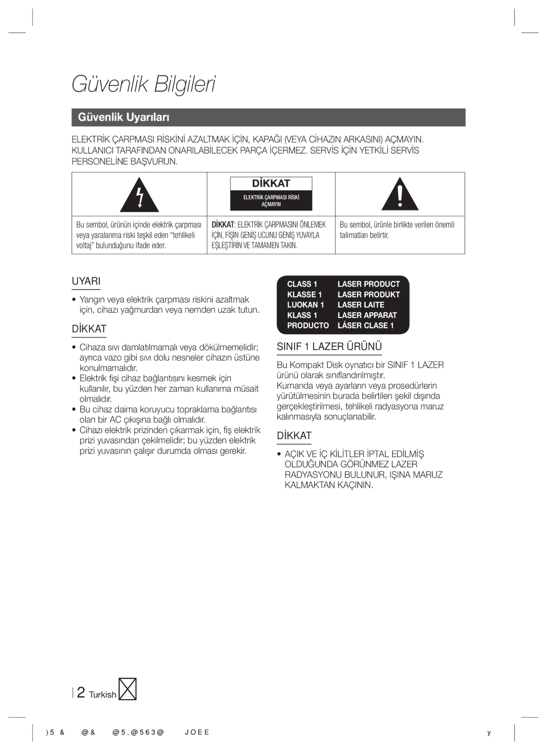 Samsung HT-E3500/TK manual Güvenlik Bilgileri, Güvenlik Uyarıları 