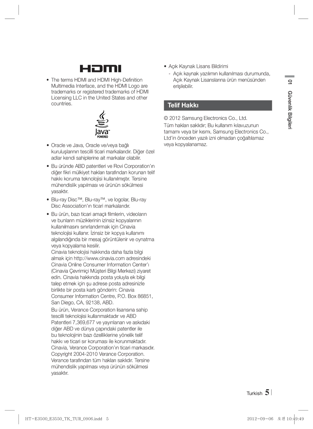 Samsung HT-E3500/TK manual Telif Hakkı 