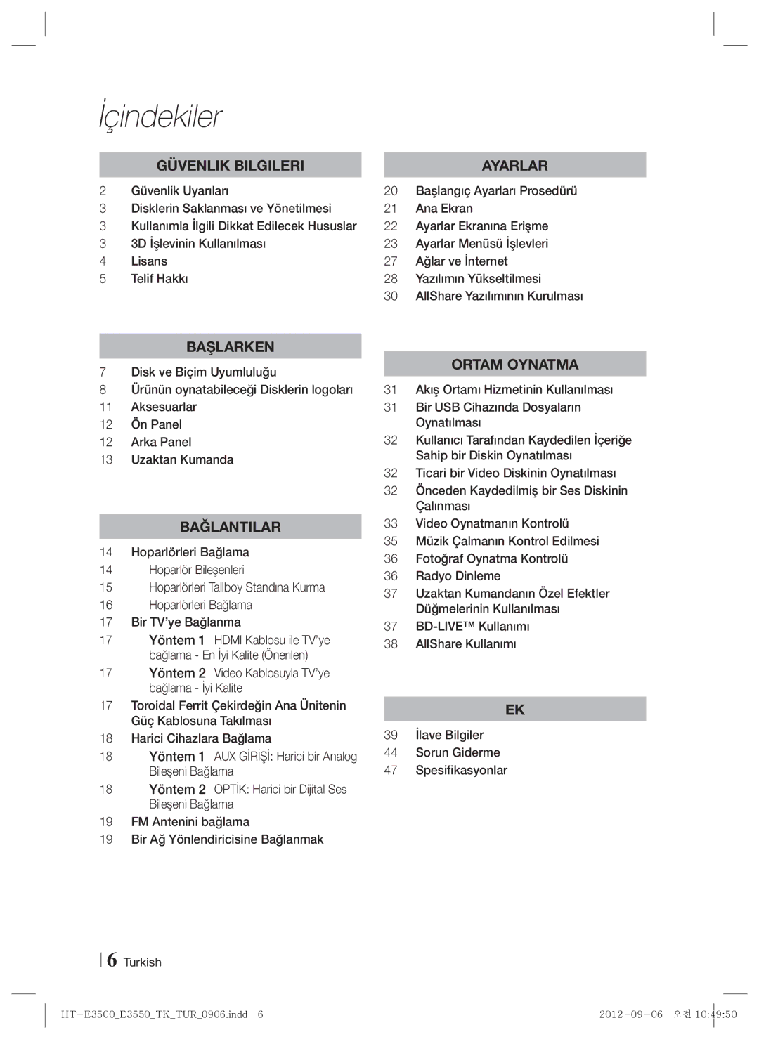 Samsung HT-E3500/TK manual İçindekiler, Güvenlik Bilgileri Ayarlar 