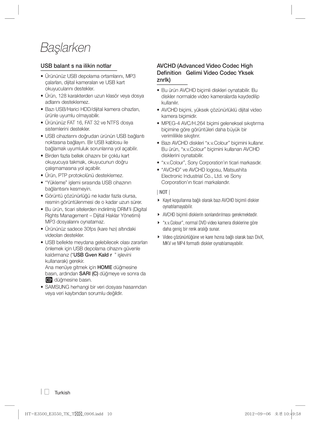 Samsung HT-E3500/TK manual USB bağlantısına ilişkin notlar 