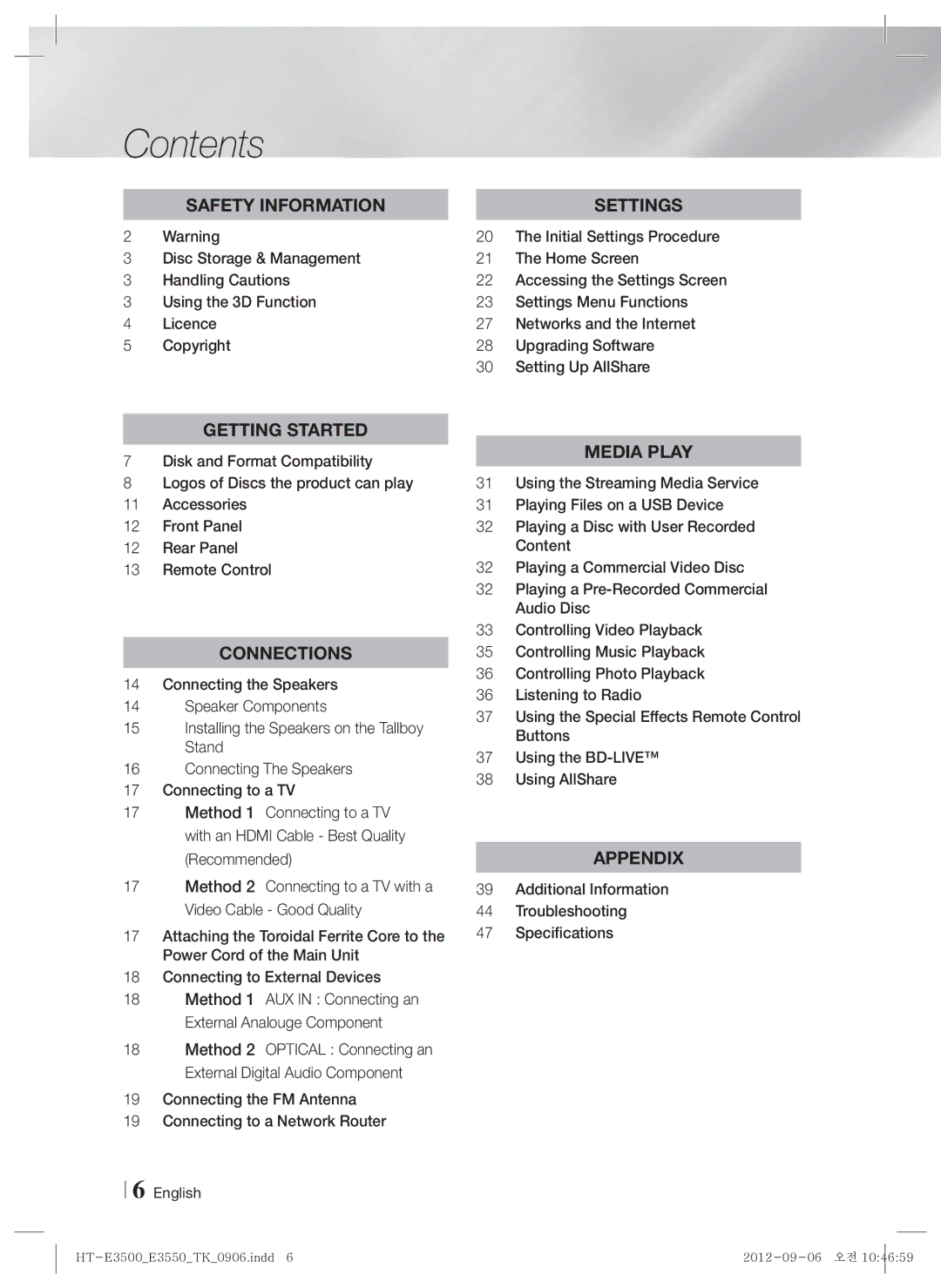 Samsung HT-E3500/TK manual Contents 