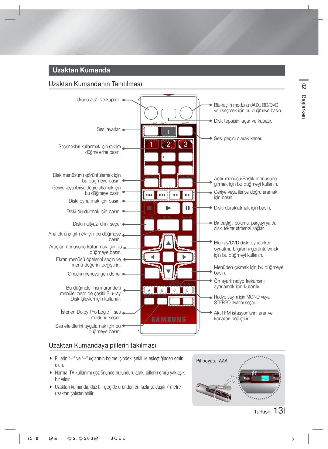 Samsung HT-E3500/TK manual Uzaktan Kumandaya pillerin takılması 