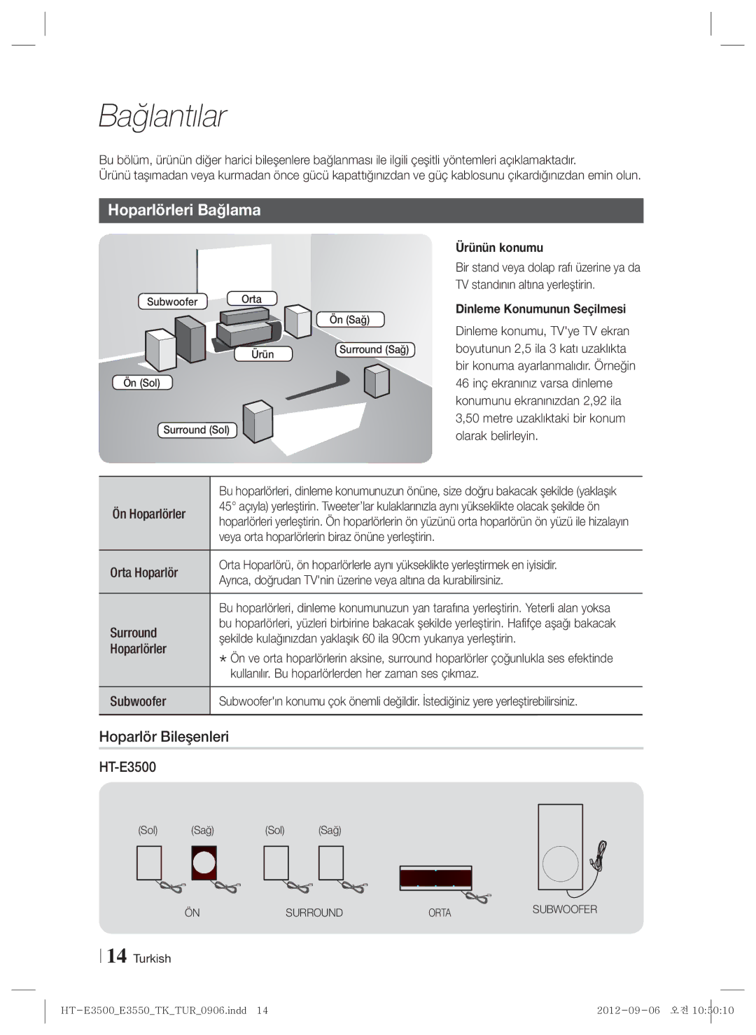 Samsung HT-E3500/TK manual Bağlantılar, Hoparlörleri Bağlama, Hoparlör Bileşenleri, Ürünün konumu 