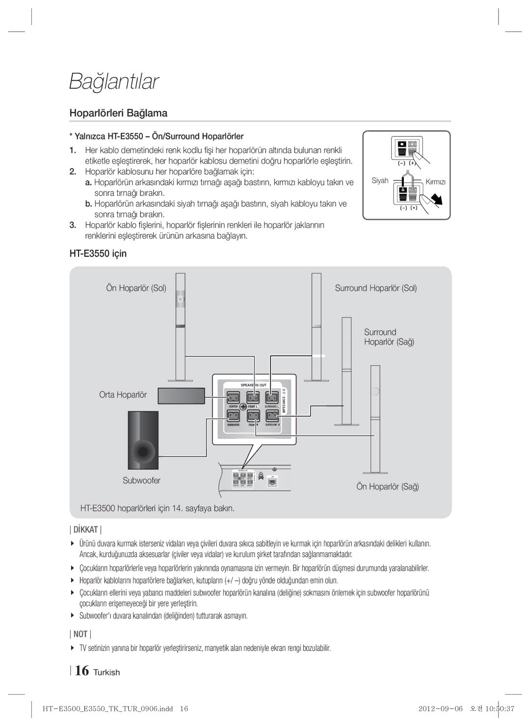 Samsung HT-E3500/TK manual Hoparlörleri Bağlama, HT-E3550 için 