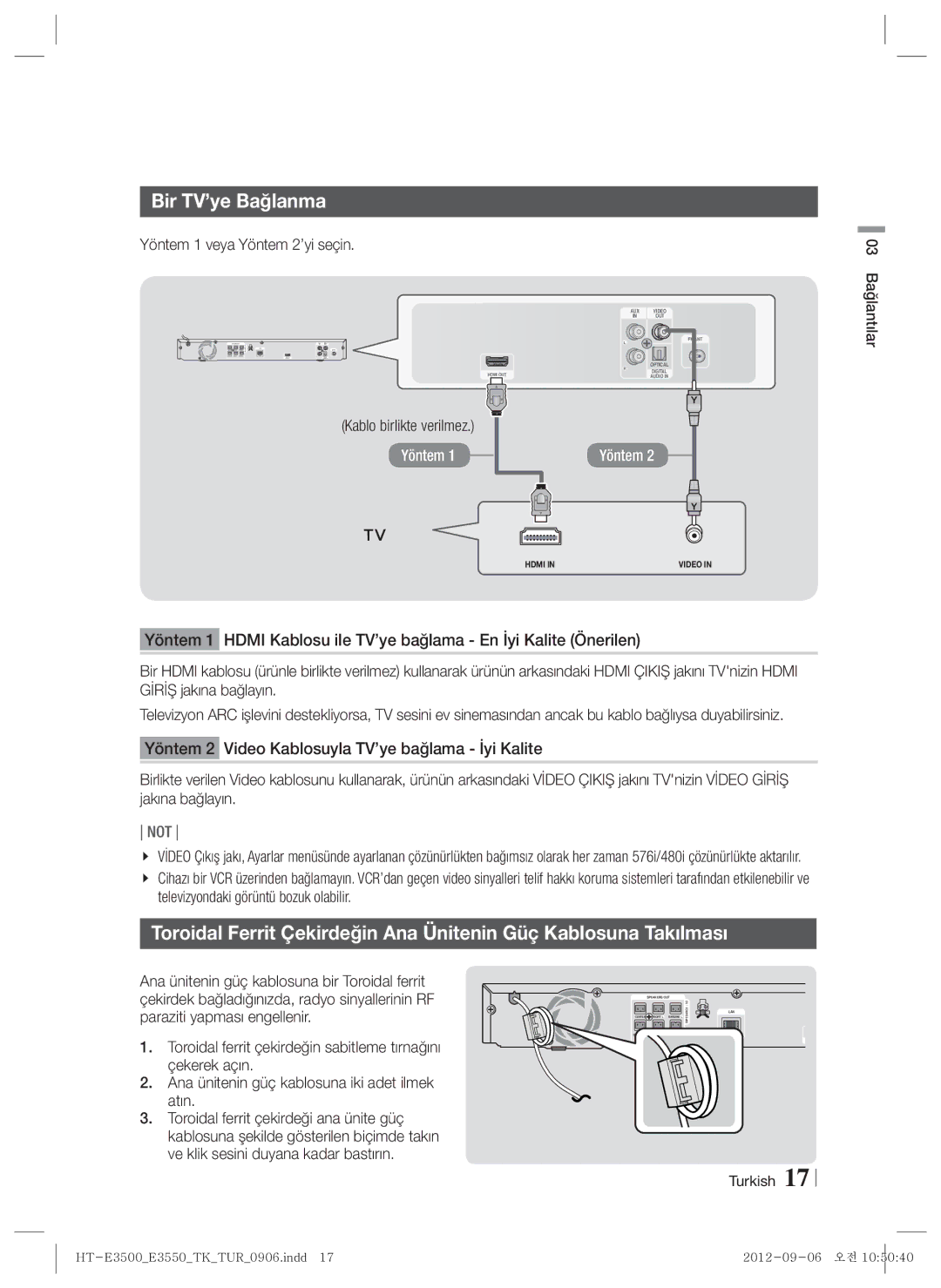 Samsung HT-E3500/TK manual Bir TV’ye Bağlanma, Yöntem 1 veya Yöntem 2’yi seçin 