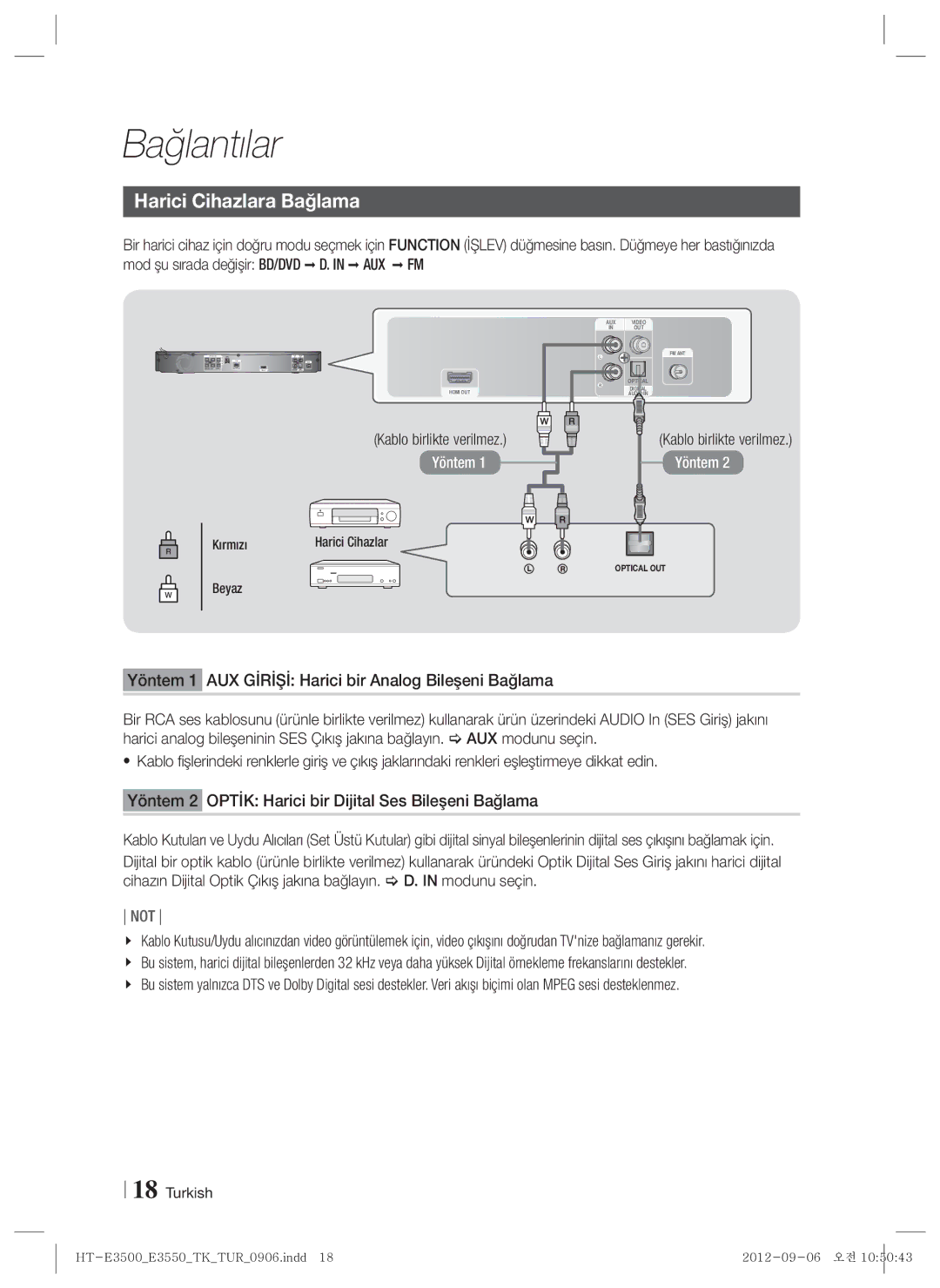 Samsung HT-E3500/TK manual Harici Cihazlara Bağlama, Kablo birlikte verilmez 