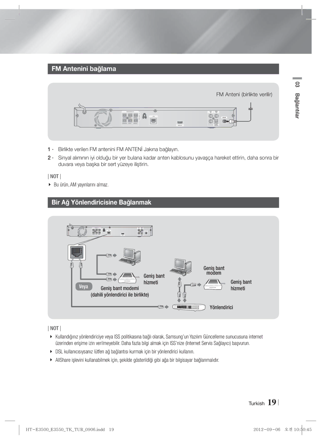 Samsung HT-E3500/TK manual FM Antenini bağlama, Bir Ağ Yönlendiricisine Bağlanmak 