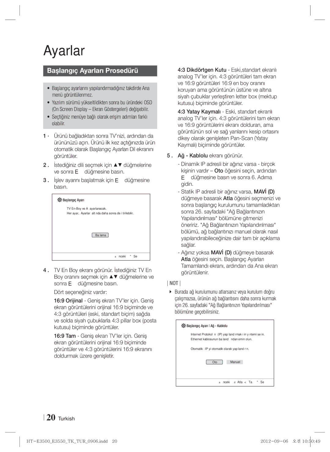 Samsung HT-E3500/TK manual Başlangıç Ayarları Prosedürü, İşlev ayarını başlatmak için E düğmesine basın 