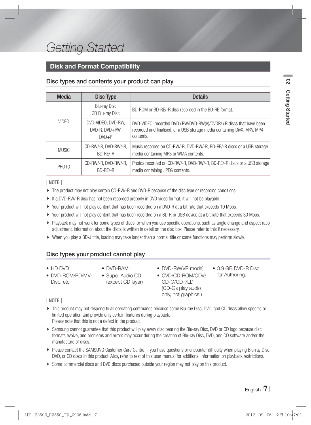 Samsung HT-E3500/TK manual Getting Started, Disk and Format Compatibility, Disc types and contents your product can play 