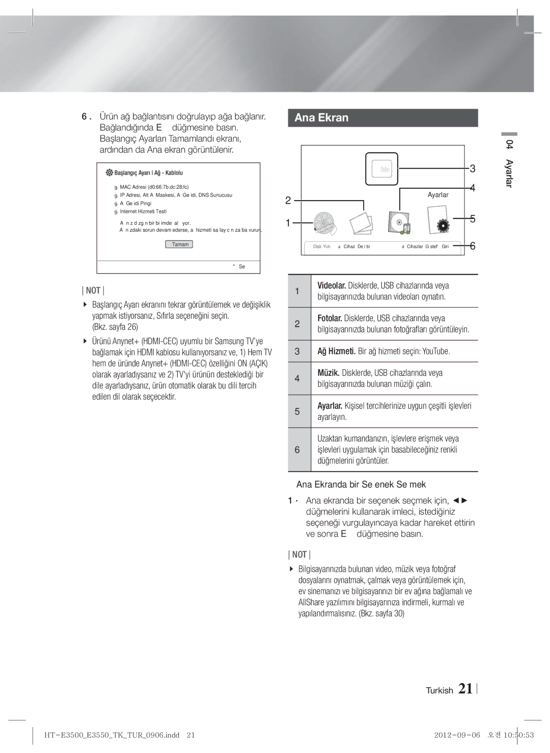 Samsung HT-E3500/TK manual Bkz. sayfa, Ağ Hizmeti. Bir ağ hizmeti seçin YouTube,  Ana Ekranda bir Seçenek Seçmek 