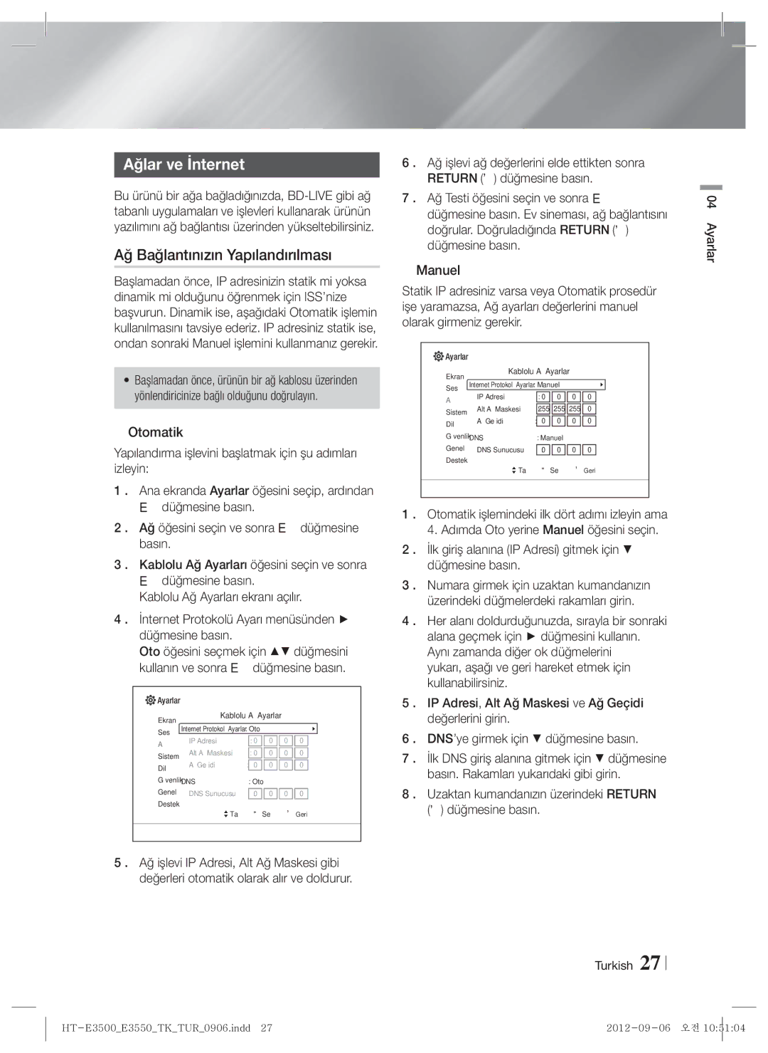 Samsung HT-E3500/TK manual Ağlar ve İnternet, Ağ Bağlantınızın Yapılandırılması 