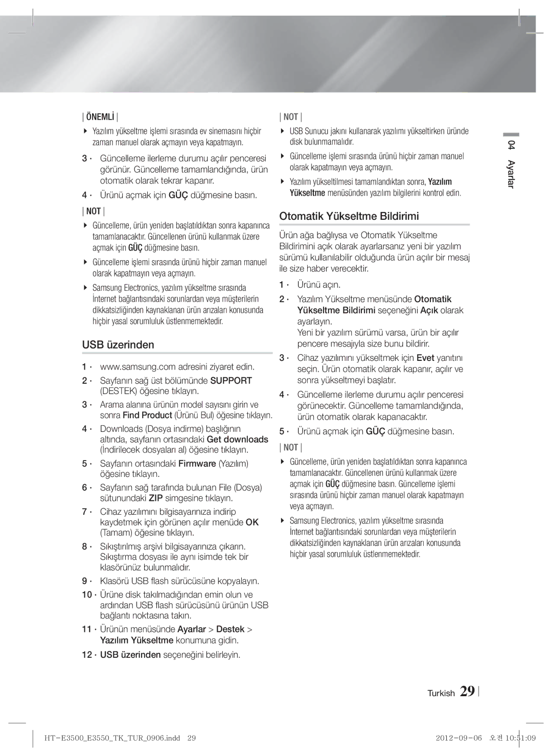 Samsung HT-E3500/TK manual USB üzerinden, Otomatik Yükseltme Bildirimi, Önemlİ, Not 