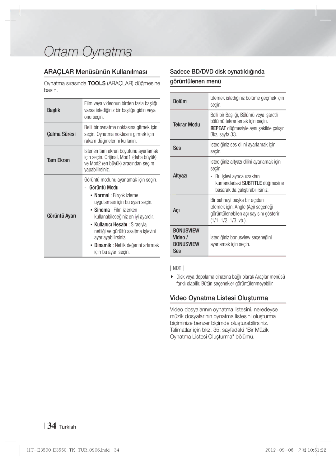 Samsung HT-E3500/TK manual Araçlar Menüsünün Kullanılması, Video Oynatma Listesi Oluşturma 