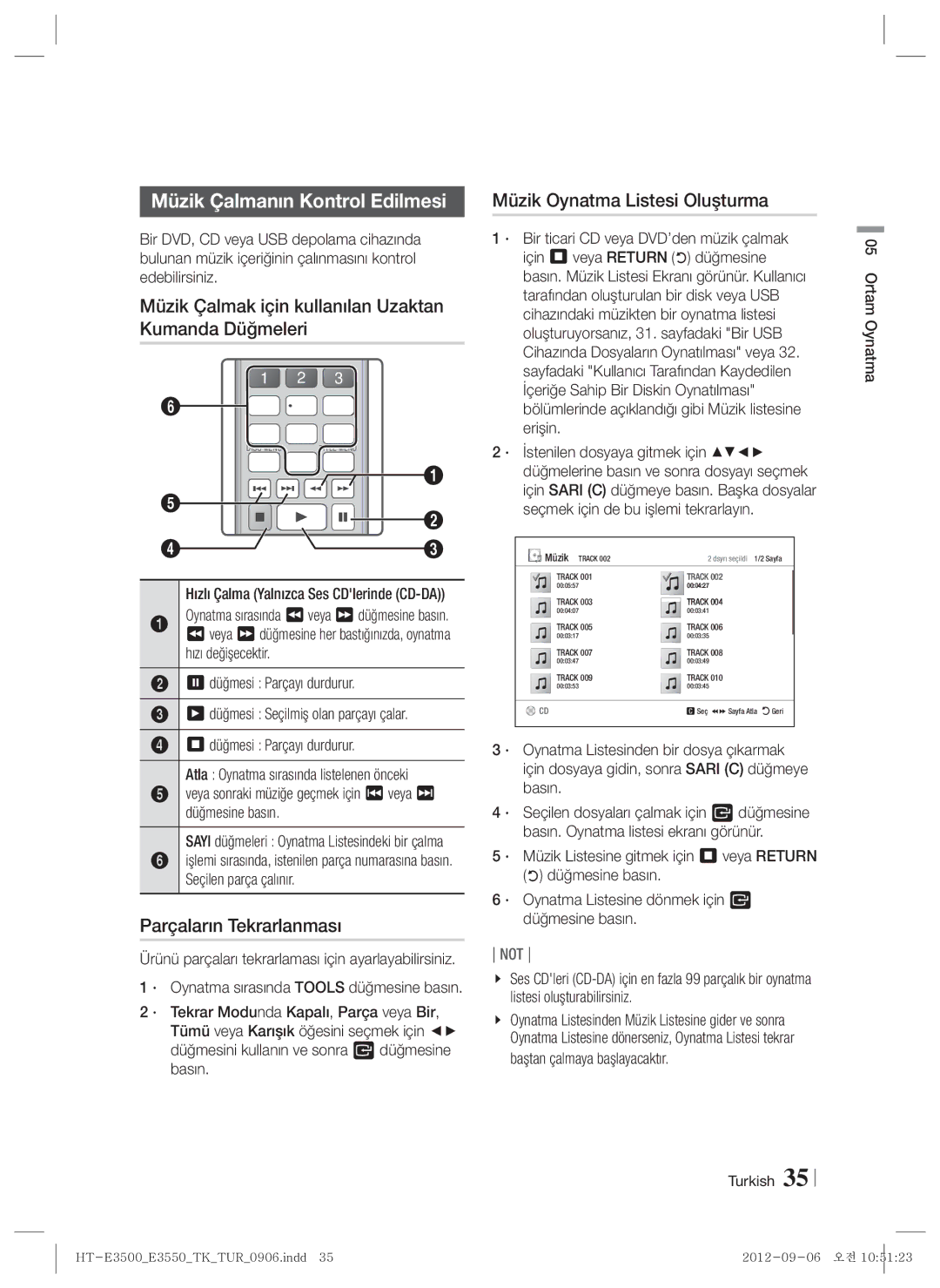 Samsung HT-E3500/TK manual Müzik Çalmanın Kontrol Edilmesi, Müzik Çalmak için kullanılan Uzaktan Kumanda Düğmeleri, Veya 