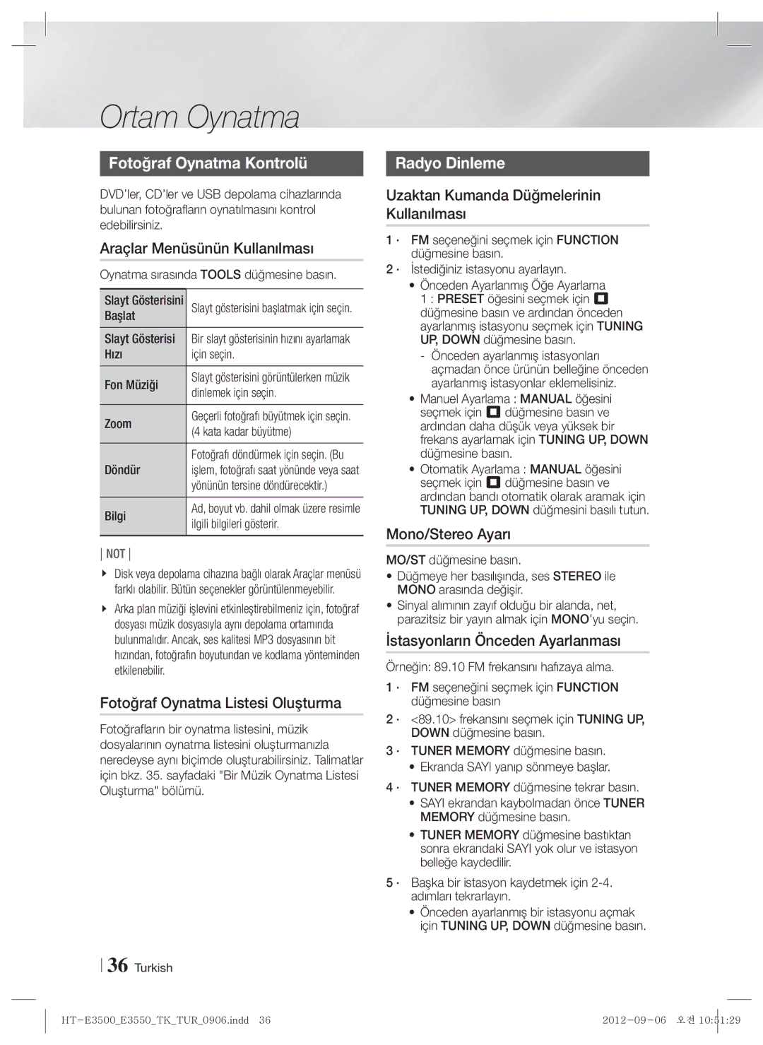 Samsung HT-E3500/TK manual Fotoğraf Oynatma Kontrolü, Radyo Dinleme 