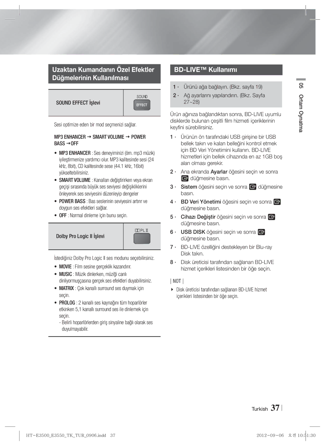 Samsung HT-E3500/TK Uzaktan Kumandanın Özel Efektler Düğmelerinin Kullanılması, BD-LIVE Kullanımı, Sound Effect İşlevi 