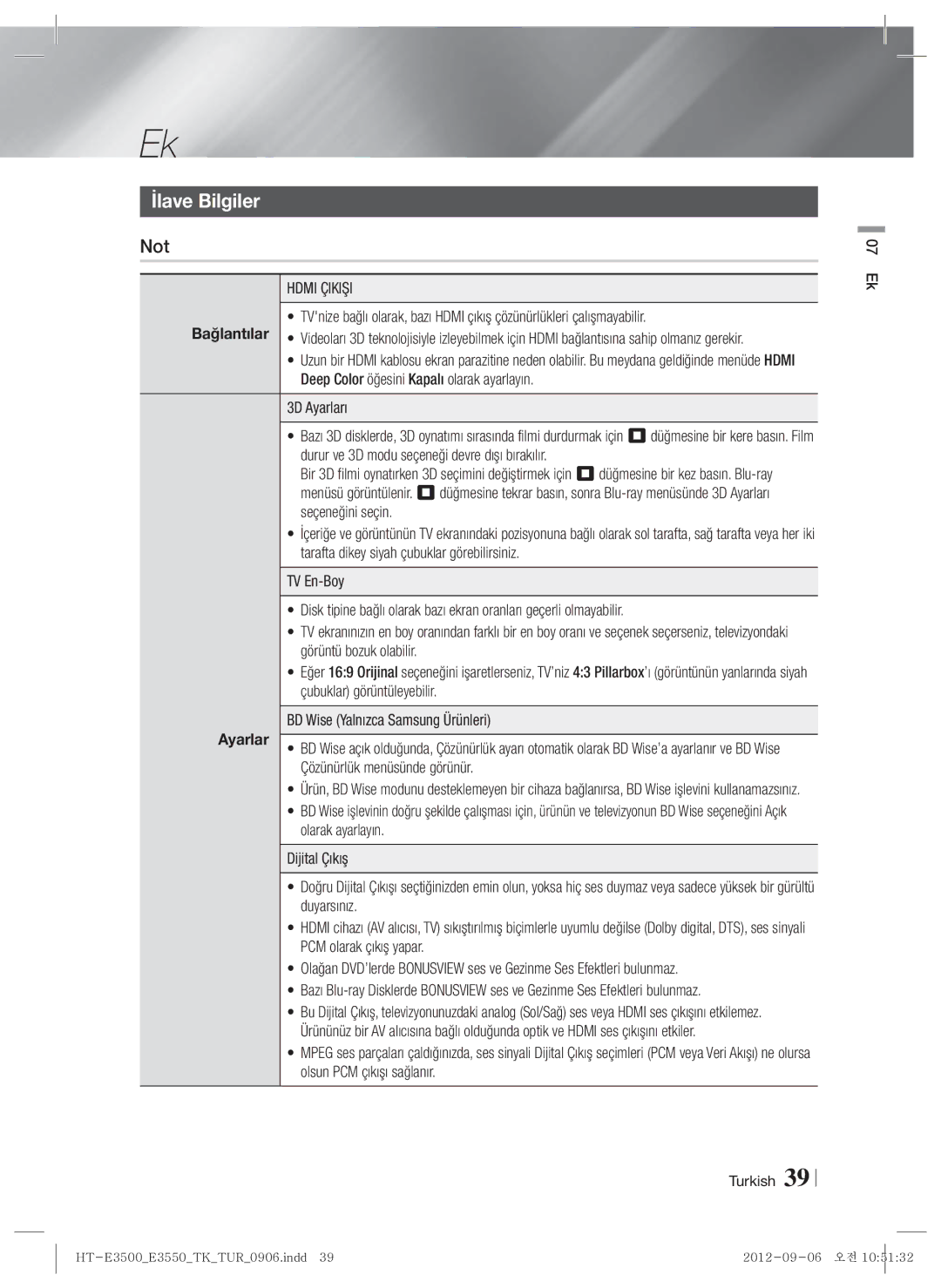 Samsung HT-E3500/TK manual İlave Bilgiler, Not, Hdmi Çikişi, Ayarlar 