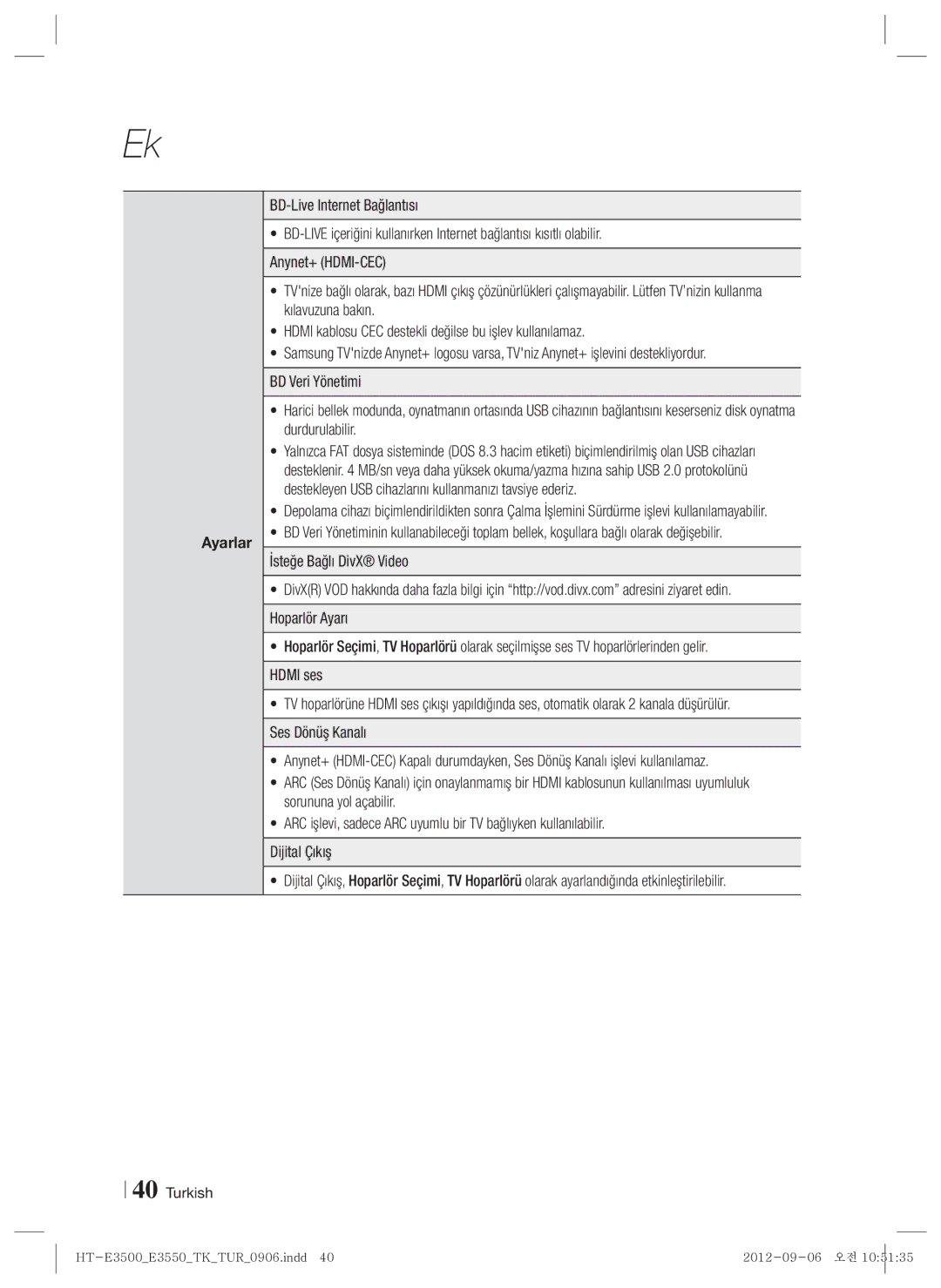 Samsung HT-E3500/TK manual Ayarlar 