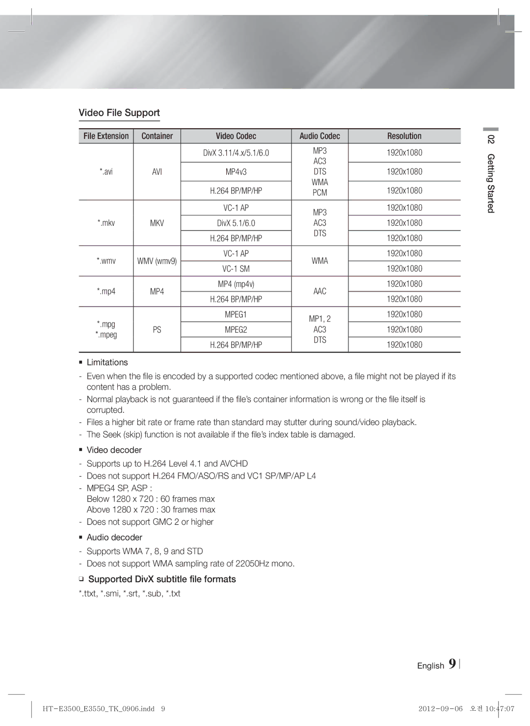 Samsung HT-E3500/TK manual Video File Support, Avi, Mkv, AC3, MPEG4 SP, ASP 