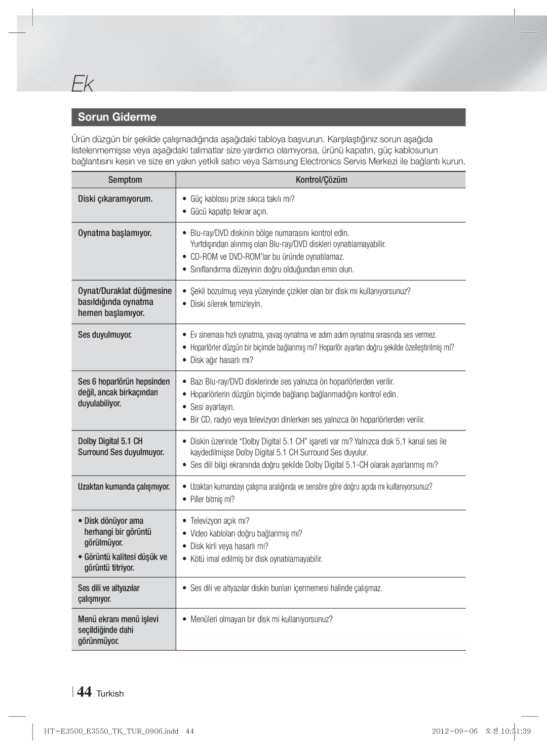 Samsung HT-E3500/TK manual Sorun Giderme 