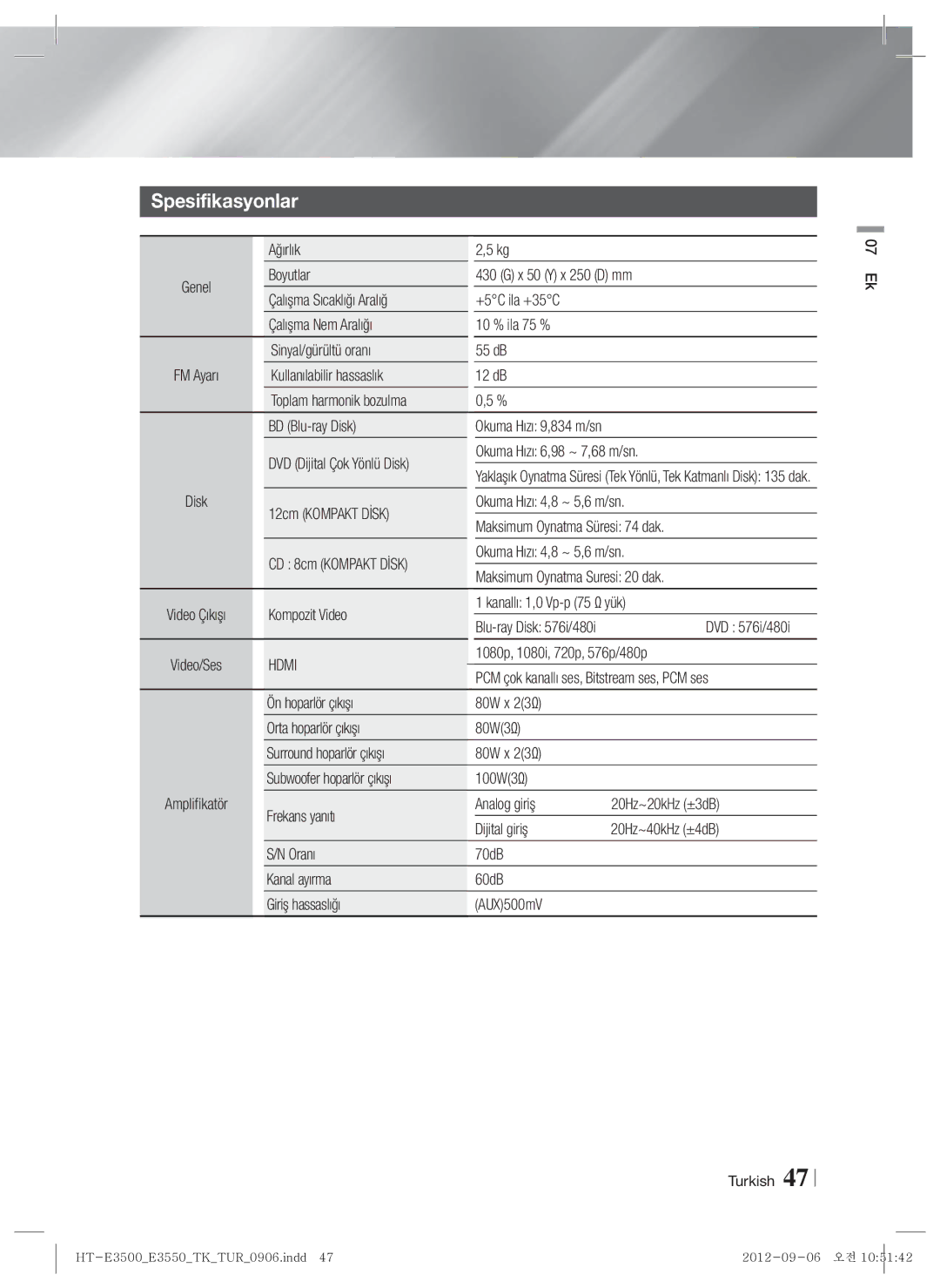 Samsung HT-E3500/TK manual Spesifikasyonlar, Ağırlık, DVD Dijital Çok Yönlü Disk Okuma Hızı 6,98 ~ 7,68 m/sn 