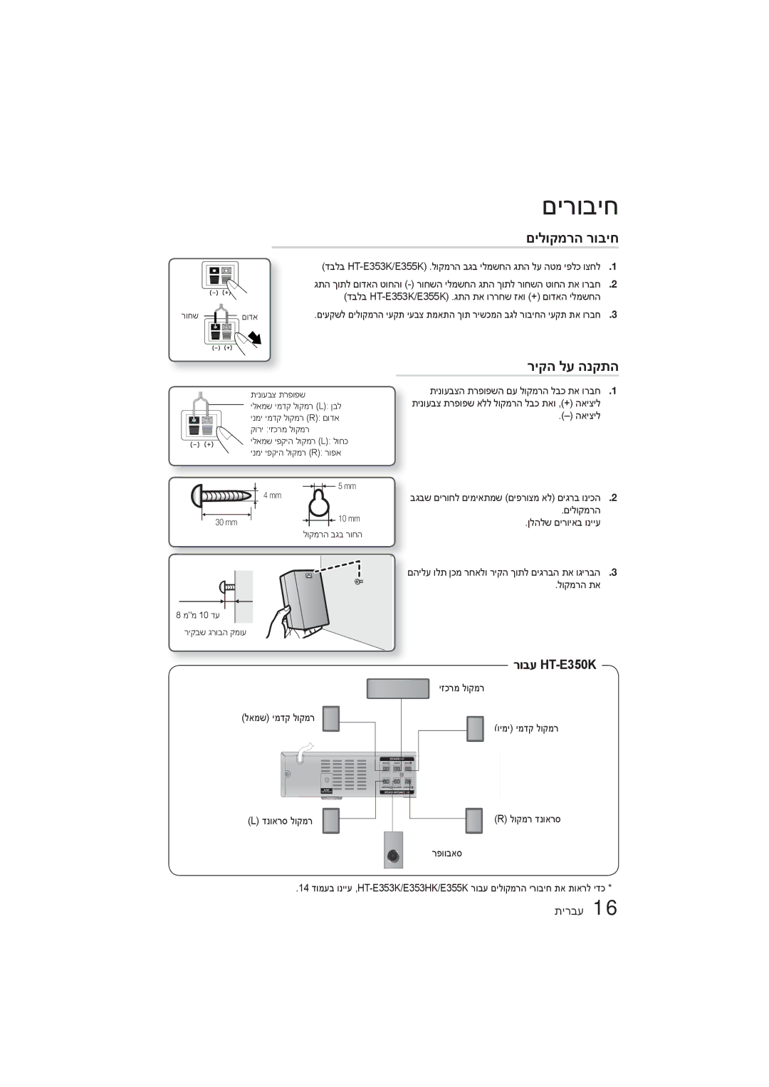 Samsung HT-E350K/SQ manual םילוקמרה רוביח, ריקה לע הנקתה, רובע HT-E350K 