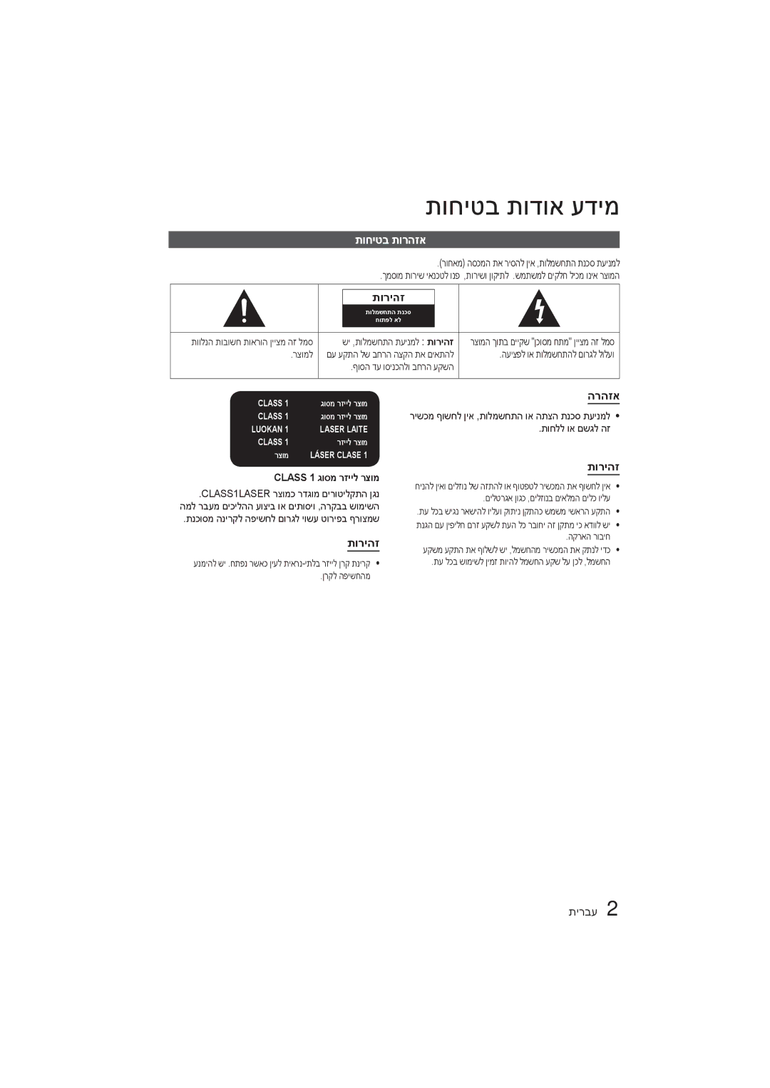 Samsung HT-E350K/SQ manual תוחיטב תודוא עדימ, תוחיטב תורהזא, תוריהז, הרהזא, Class 1 גוסמ רזייל רצומ 