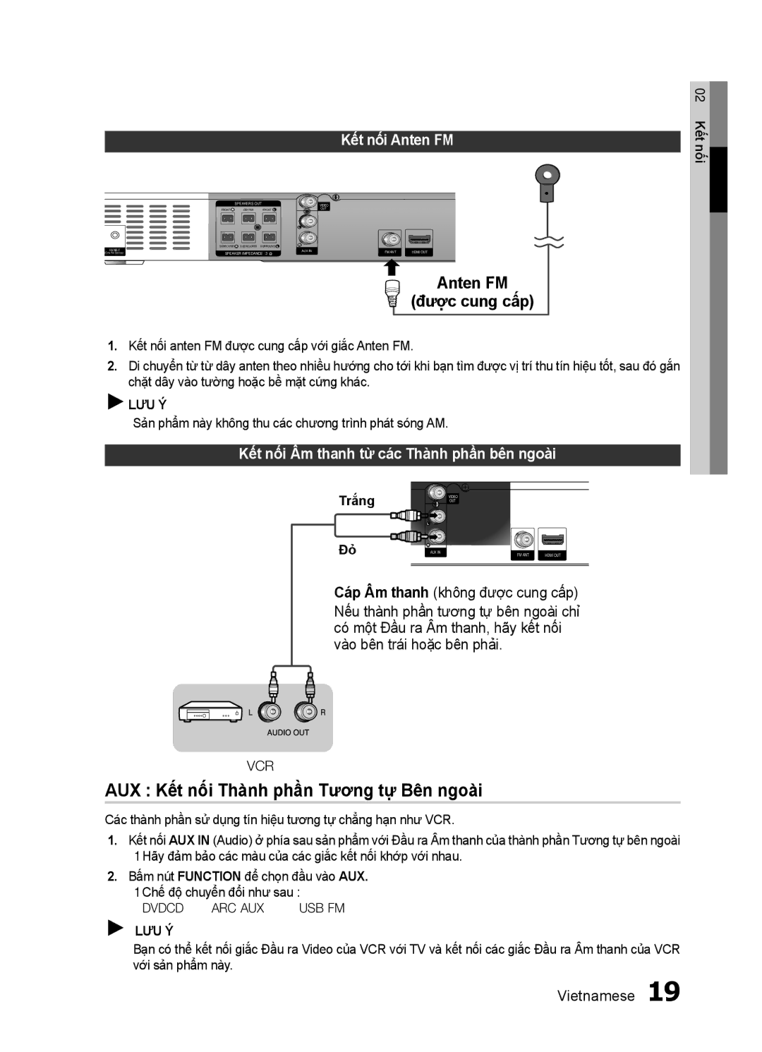 Samsung HT-E350K/XV AUX Kết nối Thành phần Tương tự Bên ngoài, Kết nối âm thanh từ các Thành phần bên ngoài 