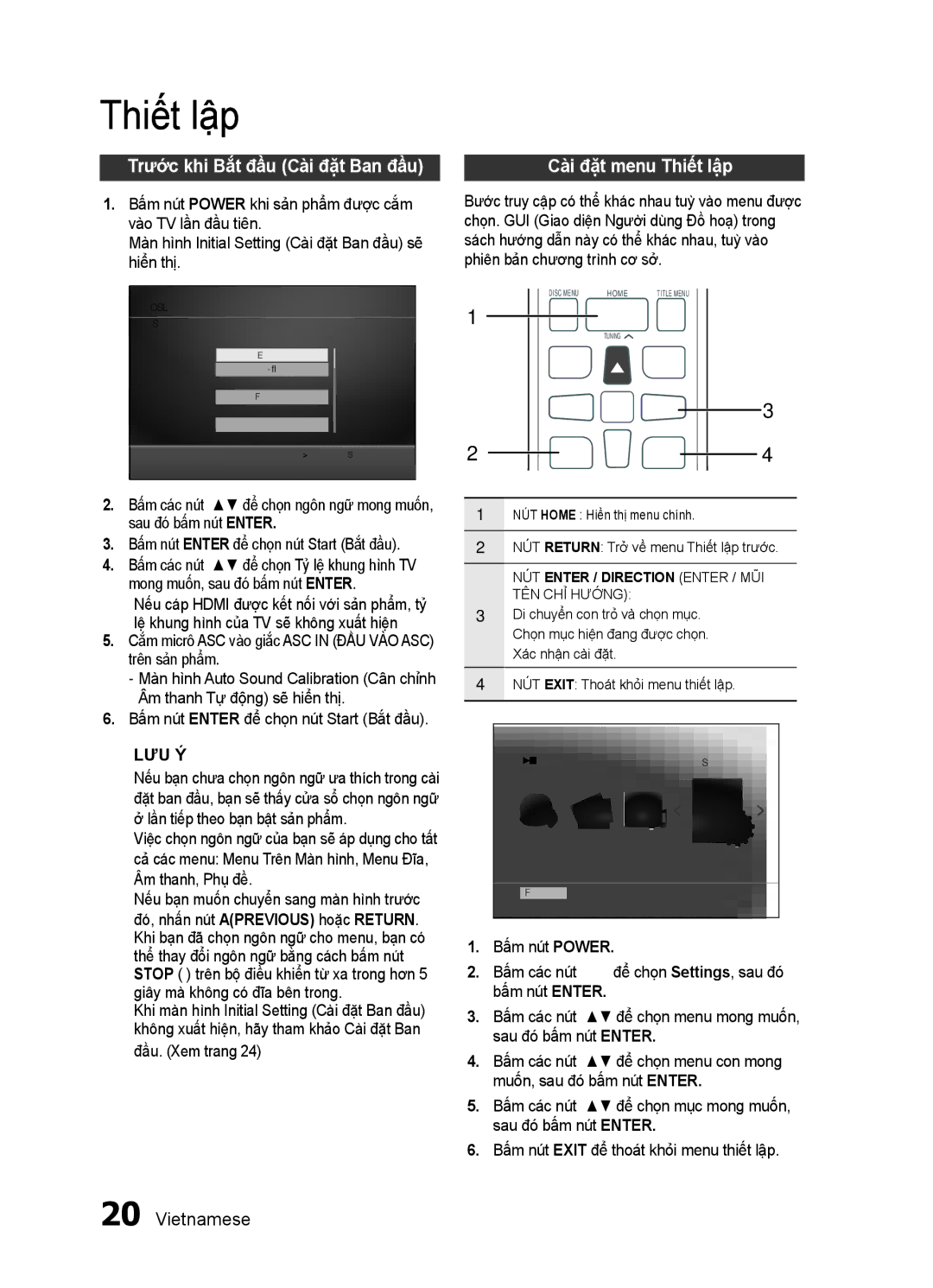 Samsung HT-E350K/XV manual Trước khi Bắt đầu Cài đặt Ban đầu, Cài đặt menu Thiết lập, Đầu. Xem trang 