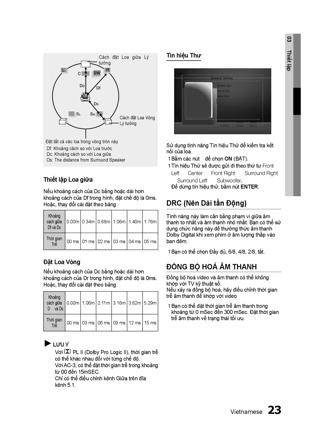 Samsung HT-E350K/XV manual DRC Nén Dải tần Động, Thiết lập Loa giữa, Đặt Loa Vòng 