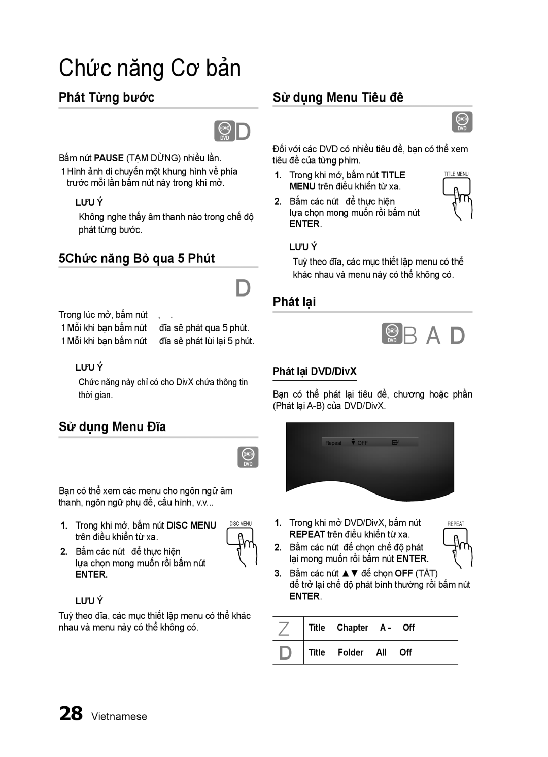 Samsung HT-E350K/XV manual Phát Từng bước, 5Chức năng Bỏ qua 5 Phút, Sử dụng Menu Đĩa, Sử dụng Menu Tiêu đê 