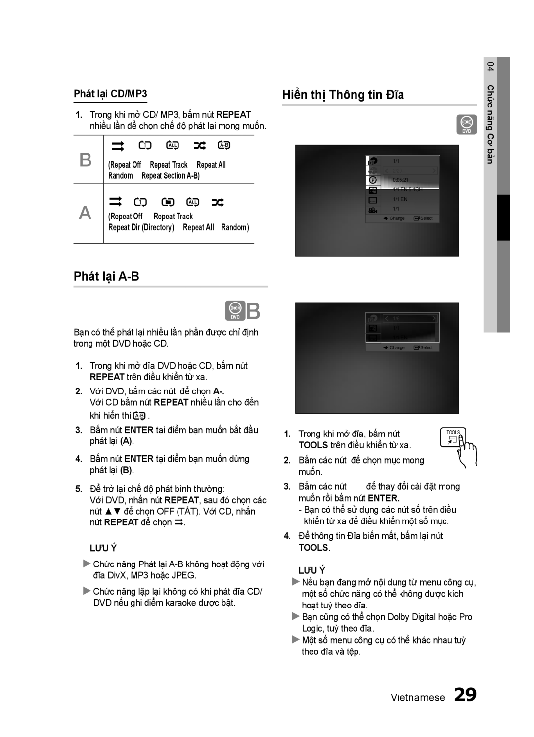 Samsung HT-E350K/XV manual Hiển thị Thông tin Đĩa, Phát lại A-B, Tools 