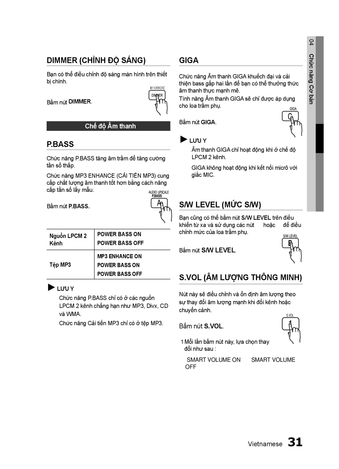 Samsung HT-E350K/XV manual Chế độ Âm thanh, Power Bass on, Power Bass OFF, MP3 Enhance on 