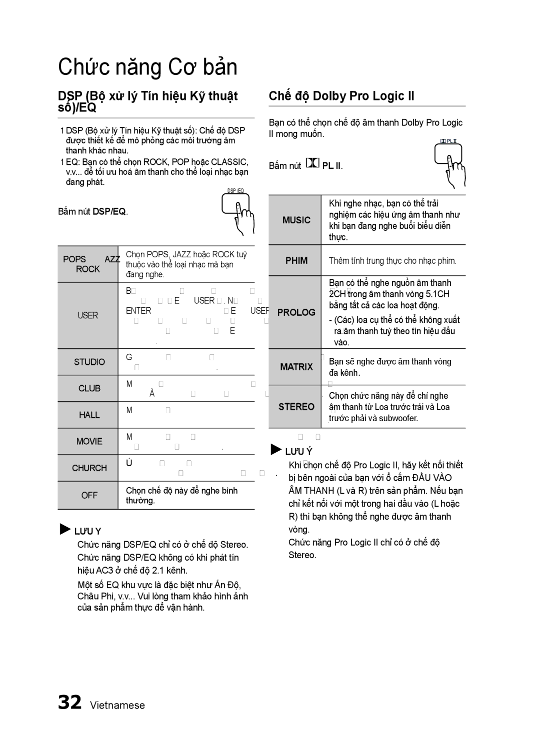 Samsung HT-E350K/XV manual DSP Bộ xử lý Tín hiệu Kỹ thuật số/EQ, Chế độ Dolby Pro Logic, Stereo 