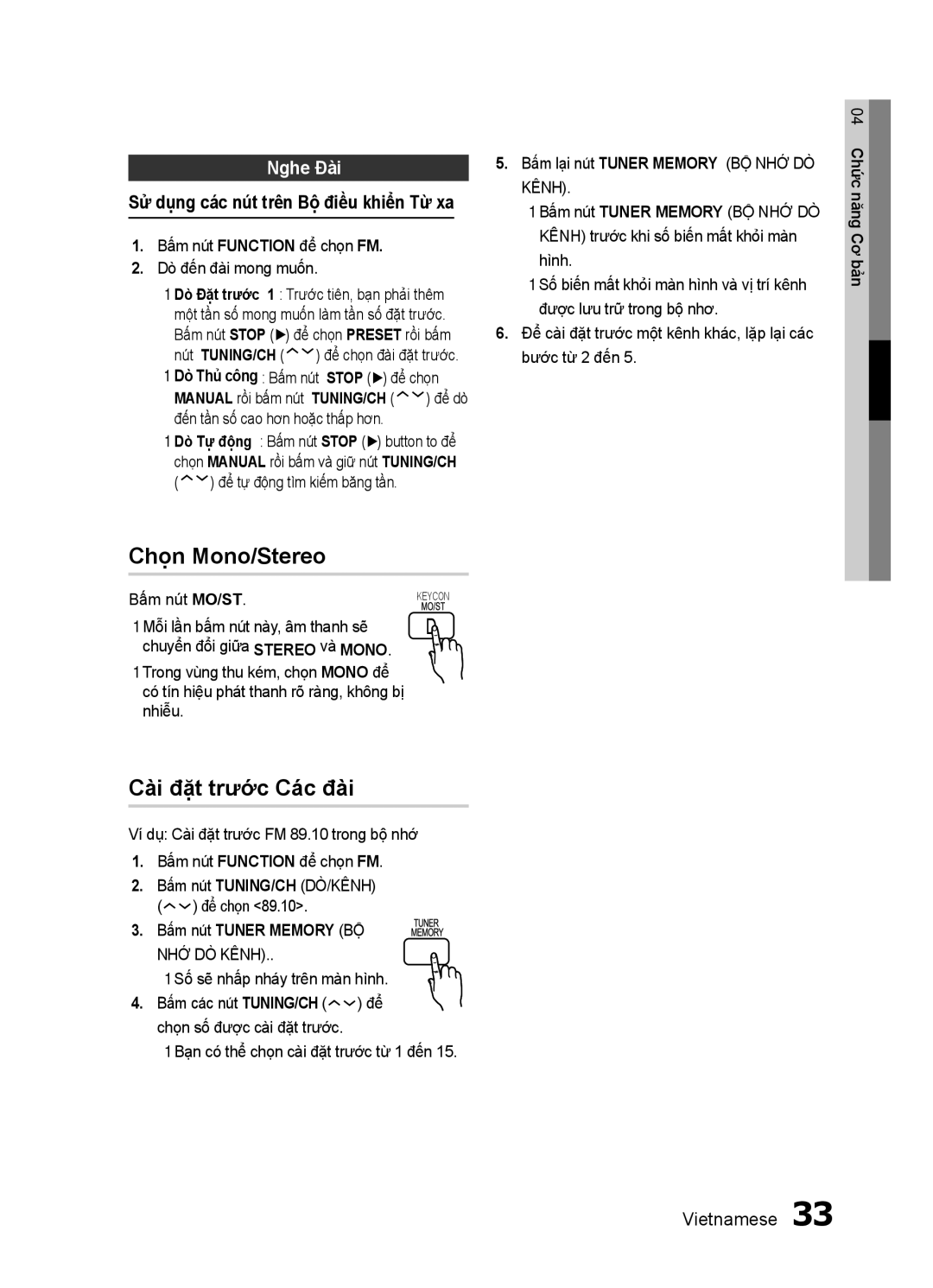 Samsung HT-E350K/XV manual Chọn Mono/Stereo, Cài đặt trước Các đài, Nghe Đài, Bấm nút Tuner Memory BỘ 