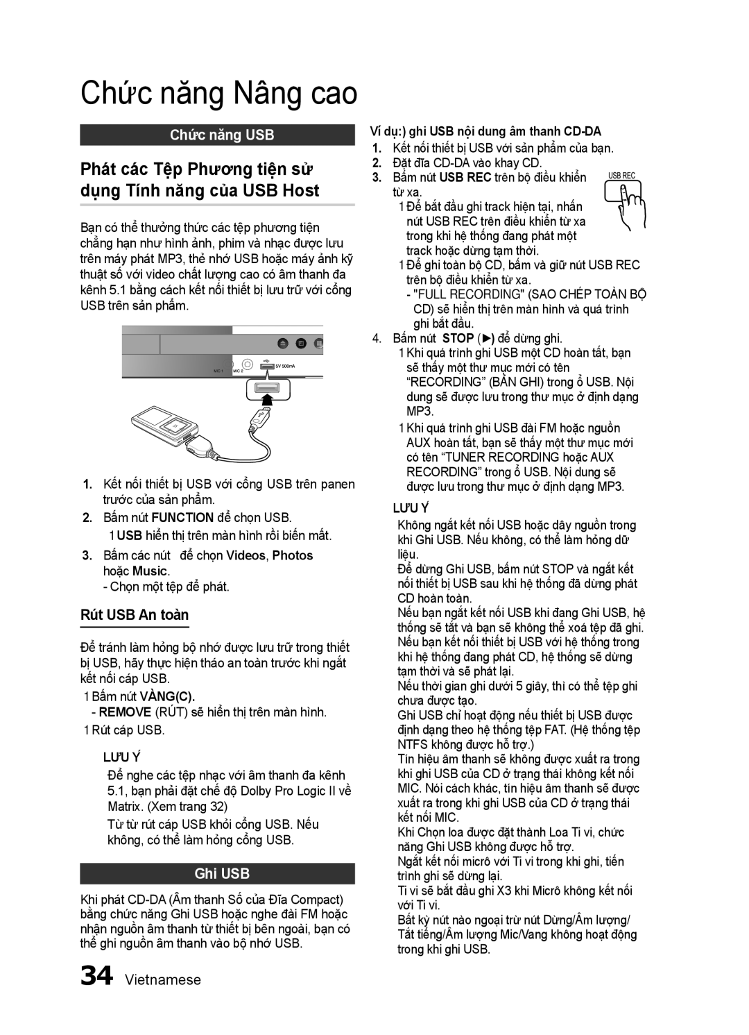 Samsung HT-E350K/XV manual Chức năng USB, Rút USB An toàn, Ghi USB, Ví dụ ghi USB nội dung âm thanh CD-DA 